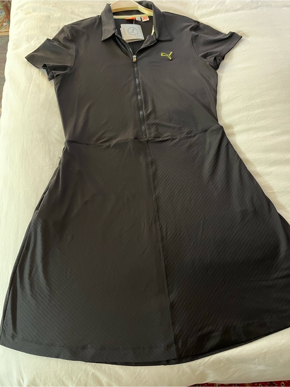 Puma Black Short-Sleeve Zip Polo Mini Dress with Yellow Logo NWT MSRP $80 (2017)